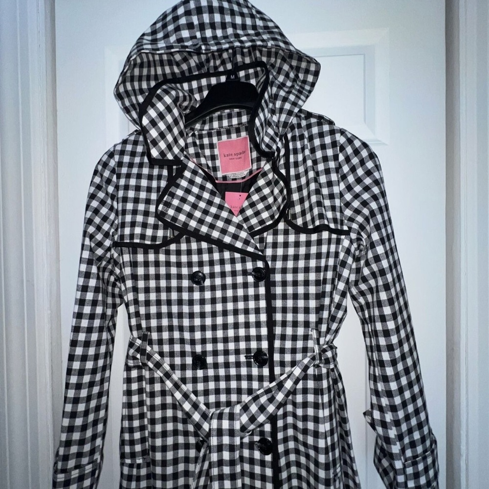 Kate Spade Black and White Gingham Checkered Trench Coat with Detachable Hood - Picture 2 of 7